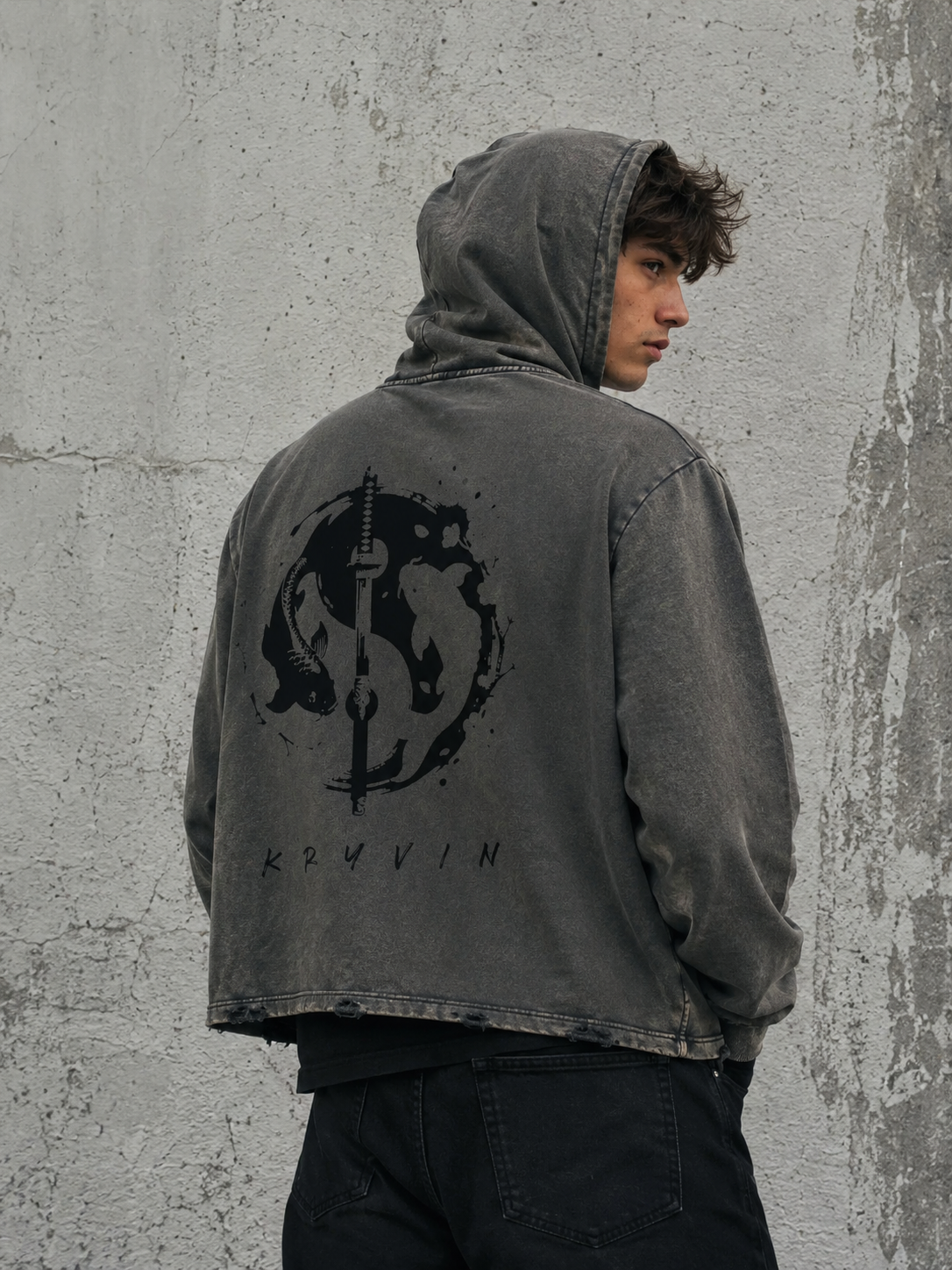 Yin & Yang Frayed-Hem Hoodie