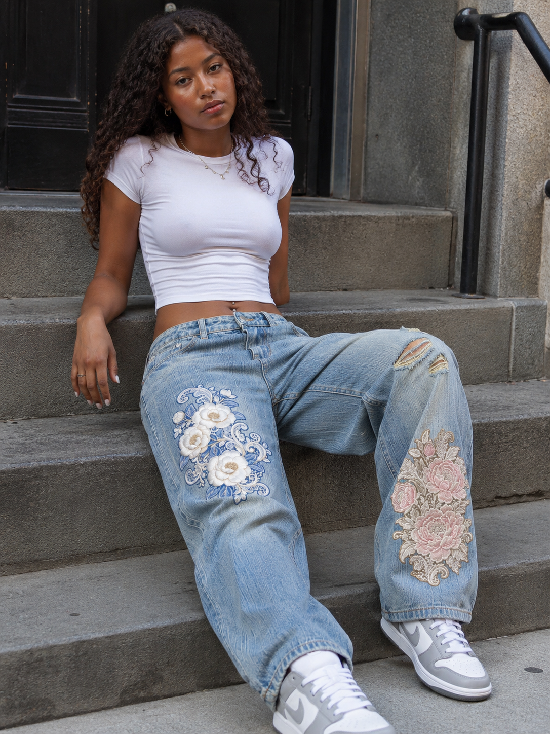 Floral Distressed Denim Jeans