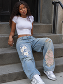 Floral Distressed Denim Jeans