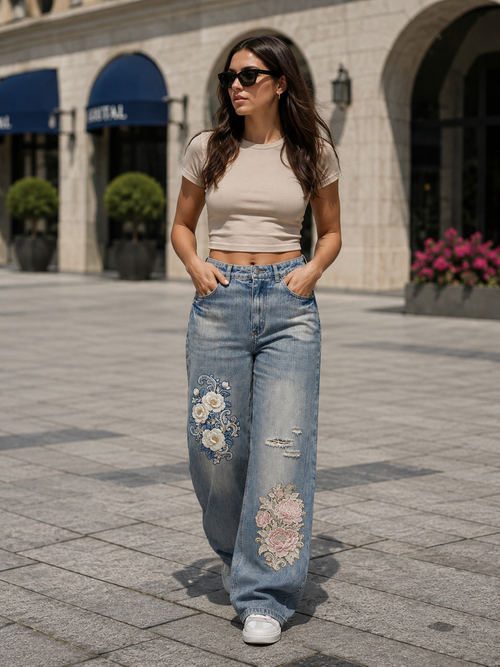 Floral Distressed Denim Jeans